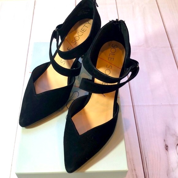 Sole Society Shoes - SOLE SOCIETY Pumps Black Velvet Pointy Toe Double Strap Zip back Heels Women 7.5